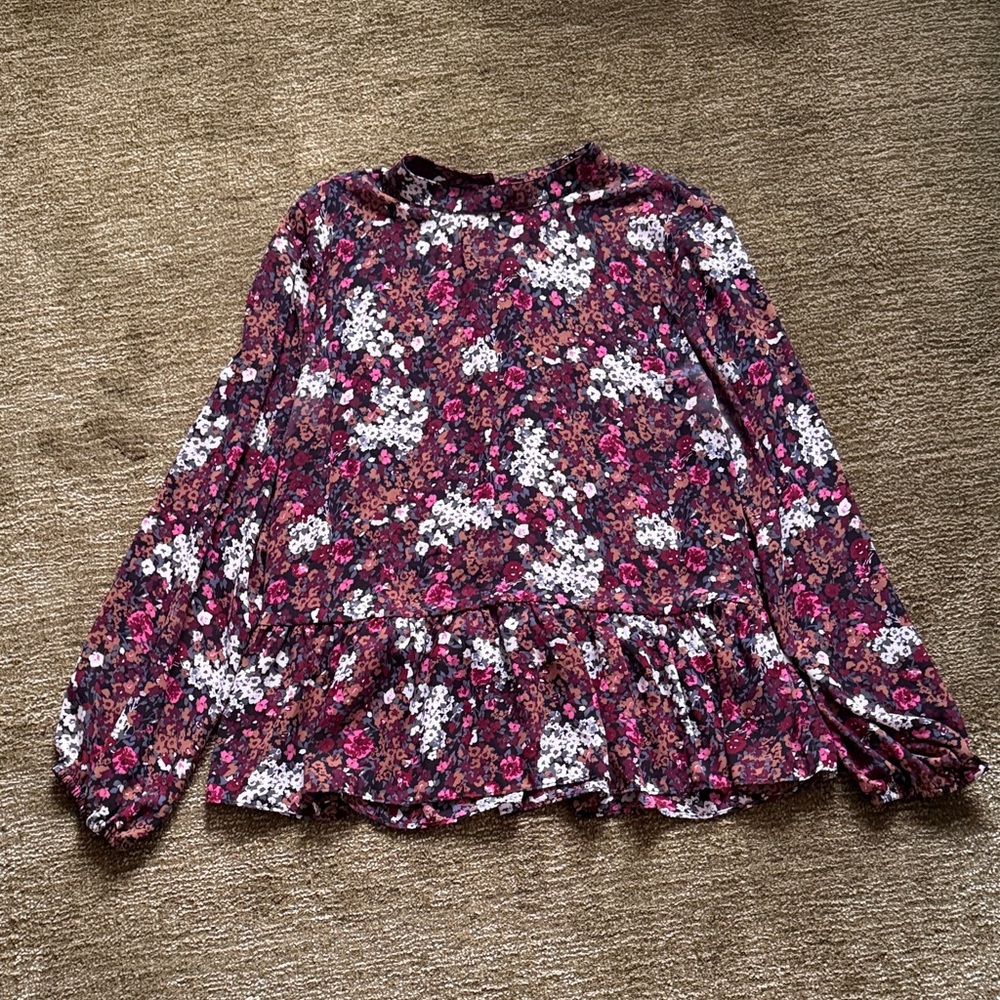 LOFT Pink Multi Floral Ruffle-Hem Blouse